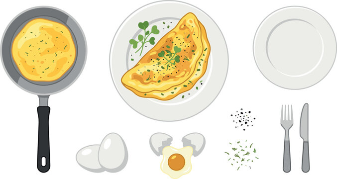 Omelet Egg Vector Illustration Set with Frying Pan Cooked Crepe Plate Raw Eggs Fork Knife and Herb Garnish Icons for Breakfast Menu Designs