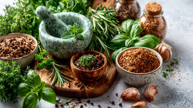 Assorted culinary herbs and spices with stone mortar and pestle culinary seasoning