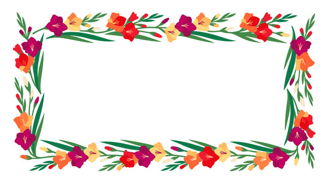 Rectangular floral frame with colorful gladiolus flowers and green leaves, decorative border for invitations, greetings, or scrapbook designs