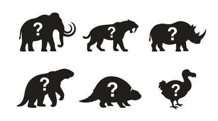 Fototapeta premium Silhouettes of prehistoric animals with question marks, extinct mammals, paleontology illustration, zoology concept