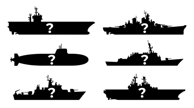 collection of silhouette warships with question marks, representing naval fleet or military research, on white background