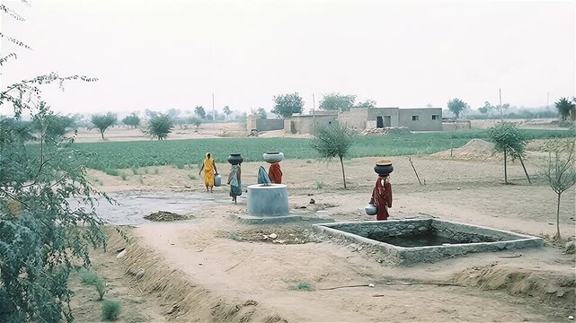 Unidentified indigenous women go to the draw well, fill the metal pot with water and carry these pots on their head and back home, Rural areas of Jaisalmer, India. Aerial view.