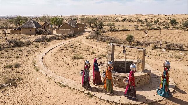 Unidentified indigenous women go to the draw well, fill the metal pot with water and carry these pots on their head and back home, Rural areas of Jaisalmer, India. Aerial view.