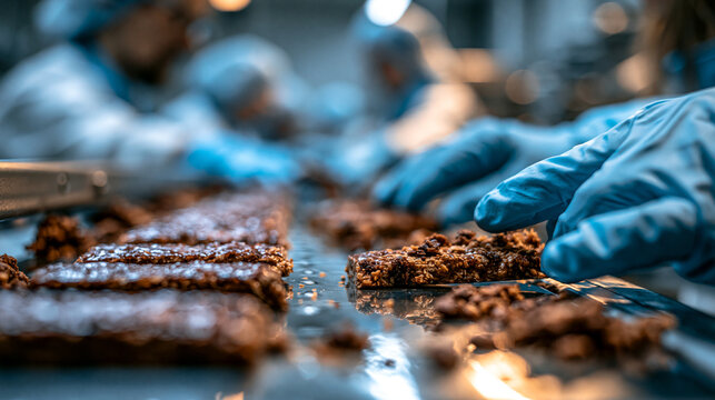 Worker wearing protective blue gloves manufacturing granola bars on production line with energy bar