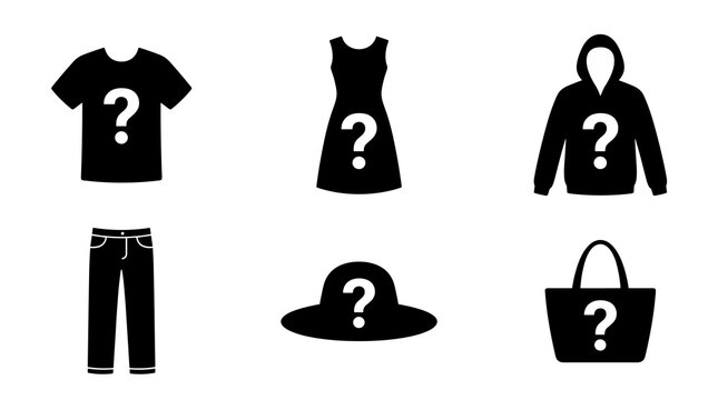 Unidentified clothing items with question marks, black silhouette icons representing fashion uncertainty, mystery, and selection in wardrobe choice