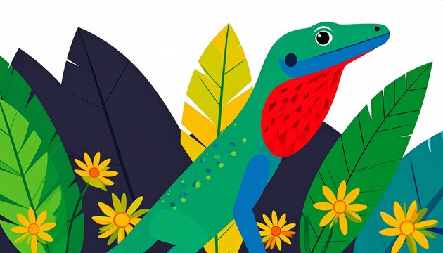 Colorful abstract illustration of tropical leaves and flowers.