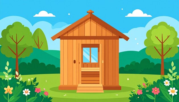 Colorful cartoon house in lush green garden setting.