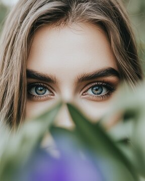 Close-Up Portrait of a Woman with Blue Eyes Surrounded by Green Plants and Blurred Orchid