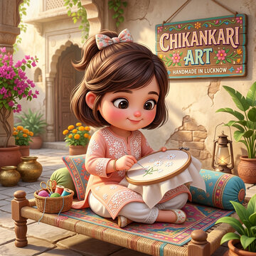 Cute cartoon Indian girl doing traditional Chikankari hand embroidery on a hoop in Lucknow, Chikankari Art concept