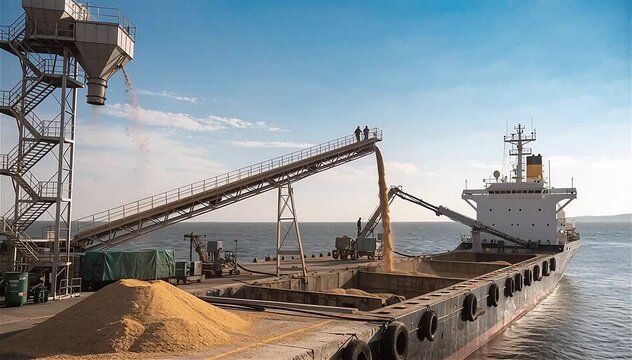 Loading wheat or grain into a cargo ship for transportation by sea. The ship is loaded with wheat or grain in the port. Wheat or grain export. Sea export. Agriculture
