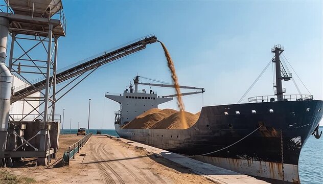 Loading wheat or grain into a cargo ship for transportation by sea. The ship is loaded with wheat or grain in the port. Wheat or grain export. Sea export. Agriculture
