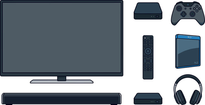 Smart TV Home Theater Vector Illustration Set with Soundbar Media Box Remote Control Game Controller Headphones and Blu-Ray Case Icons