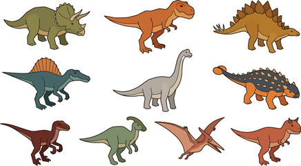 Collection of colorful prehistoric dinosaur characters including t-rex, triceratops, and pterodactyl species © Arafat