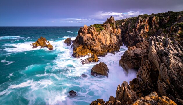 Turquoise ocean waves crashing against rugged rocky cliffs.