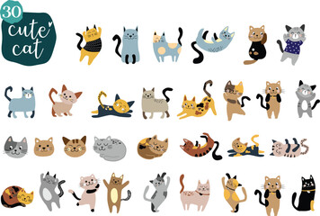 Obraz premium Colorful cartoon cats in sitting, standing, and sleeping poses, isolated on white background, cat poses