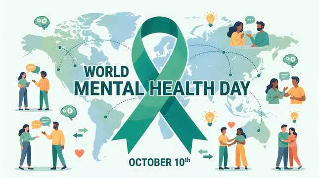 World mental health day green awareness ribbon with people talking and global map illustration