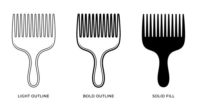 Afro hair pick comb icons light bold outline and solid fill graphic designs
