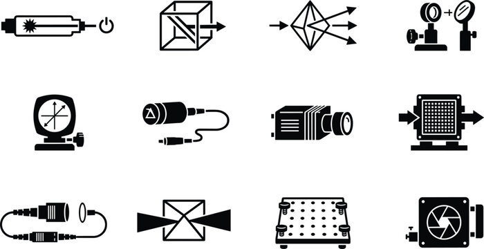 Advanced Laser Physics and Optical Engineering Symbols Icon Set for Photon Laboratory Experiments, Precision Science Instruments, and Quantum Technology Systems Vector Design
