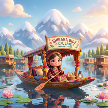 Cute cartoon Kashmiri girl on decorated shikara boat at Dal Lake Srinagar
