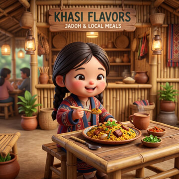 Cute cartoon Khasi girl eating traditional Jadoh rice meal in bamboo restaurant
