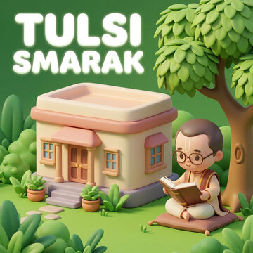 Cute cartoon illustration of saint poet Goswami Tulsidas reading book at Tulsi Smarak Ayodhya
