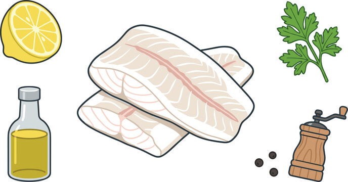 White Fish Fillet Vector Illustration Set with Fresh Raw Steaks Lemon Half Olive Oil Bottle Parsley Sprig and Pepper Mill Icons for Seafood Designs