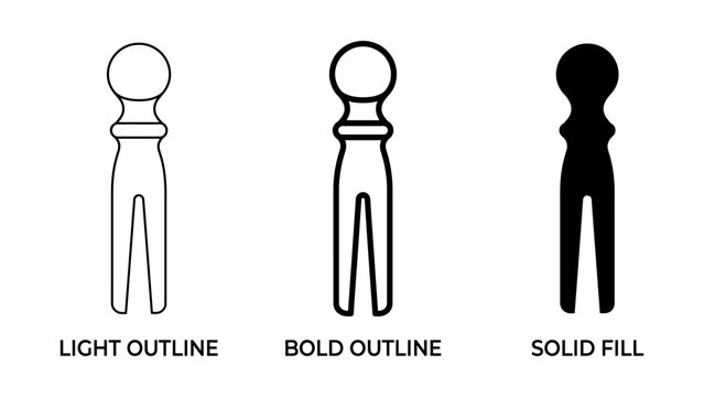 Set of three wooden clothes peg icons in different graphic styles with fastener