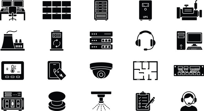 Data Center Infrastructure and Industrial Facility Security Monitoring System Icon Set for Server Management, Power Supply, and Emergency Automation Equipment Vector Design