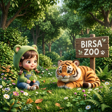 Cute cartoon girl in animal hoodie sitting with baby tiger cub at Birsa Zoo forest

