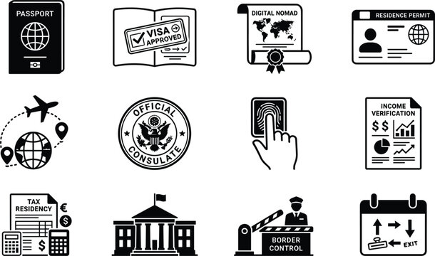 Immigration Services and Digital Nomad Visa Icon Set for International Travel Permits, Residency Documentation, Border Control Management, and Global Moving Logistics Vector Design