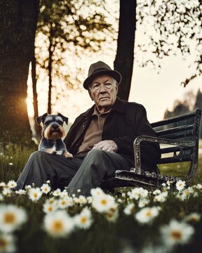 Elderly Man Sitting with Terrier Dog on Bench in Sunny Park During Golden Hour