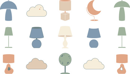 Collection of fifteen modern scandinavian style table lamps and lighting fixtures in soft pastel color palette © Arafat