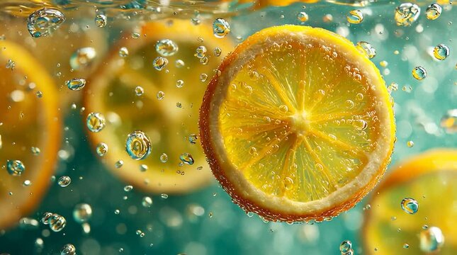 Bright yellow citron slices suspended in mid-air with water droplets falling around them, sharp reflections on droplets, soft bokeh background in light teal and green, fresh and vibrant citrus concept