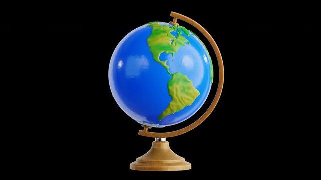 Earth globe on a wooden stand spinning seamlessly in 4K 3D animation with a transparent background, ideal for educational presentations, symbolizing global connectivity and international travel.