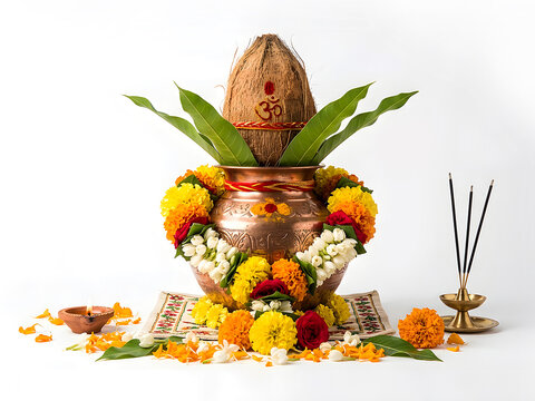 Indian festival akshaya tritiya, Wedding concept : Decorative Copper kalash with coconut and mango leaf with floral decoration on a white background. Essential in Hindu Puja.