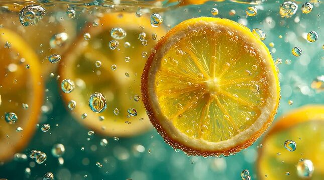 Bright yellow citron slices suspended in mid-air with water droplets falling around them, sharp reflections on droplets, soft bokeh background in light teal and green, fresh and vibrant citrus concept