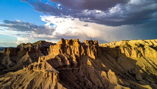 Dramatic canyon landscape with golden rock formations under stormy sky.