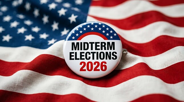 Close up of 2026 midterm elections button on American flag background with patriotic colors