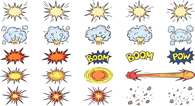 Comic explosion effect collection featuring boom bursts, smoke clouds, impact flashes, speed lines, energy blasts, comic sound effects, and action elements. Colorful cartoon vector effect set isolated