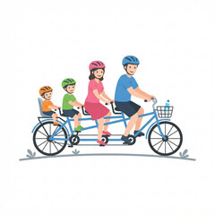 Fototapeta premium Family riding tandem bicycle, parents with kids, cycling together, bike ride, outdoor fun