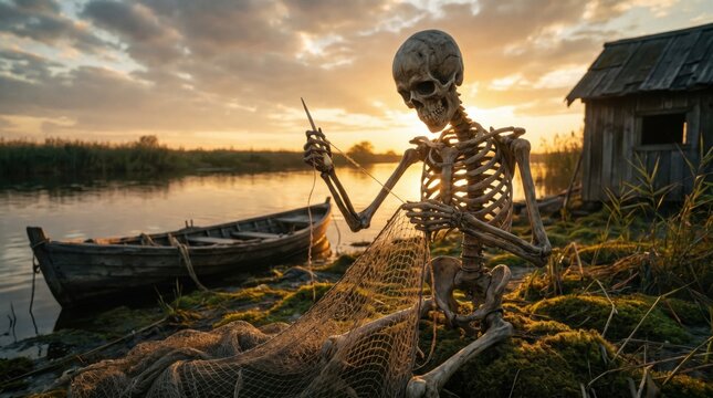 Skeleton Fisherman Mending Nets by a Quiet Riverbank at Sunset Symbolizing Eternal Waiting and the Passage of Time