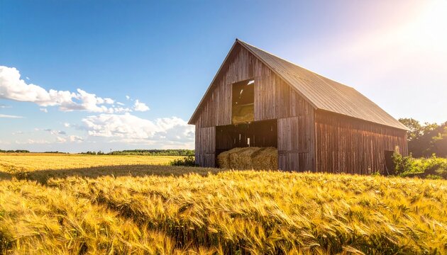 Rustic wooden barn standing in golden wheat field under blue sky.