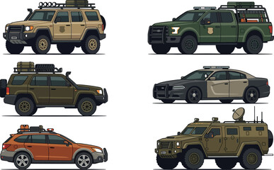 Collection of modern earth toned off-road vehicles including SUVs, pickup trucks, and tactical security patrol cars © Arafat