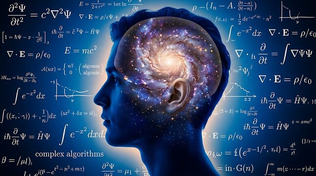 Digital brain illustration with mathematical formulas and glowing neural network in futuristic style