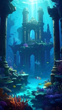 Ancient Underwater Temple Ruins Glowing in Deep Ocean Light