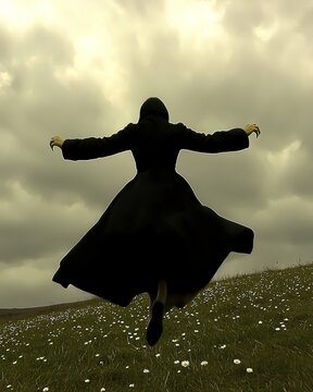 Flying Woman in Black Cloak Surrounded by Flowers Under Dramatic Cloudy Sky