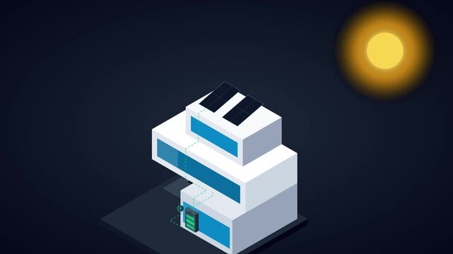 Renewable solar energy concept with modern isometric house absorbing sunlight to battery