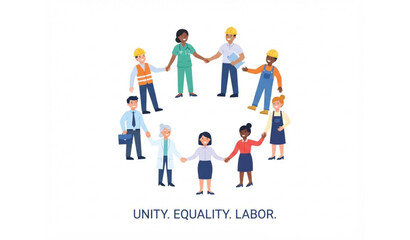 Fototapeta premium Labor Day unity circle of diverse workers flat vector illustration isolated on white background