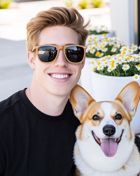 Happy Man in Sunglasses with Corgi Enjoying Time at Sidewalk Cafe