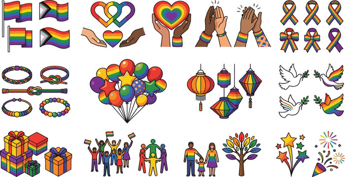 Collection of pride month isometric icons featuring rainbow flags hearts balloons and community celebration symbols